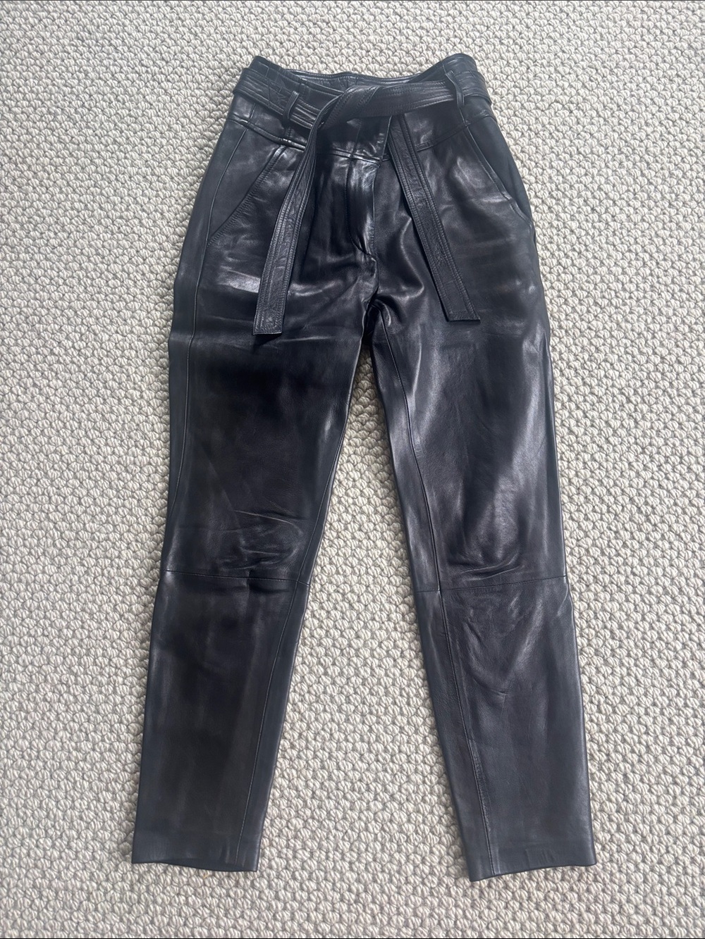 Veronica Beard Leather High-Rise Black Leather Tie-Waist Pants